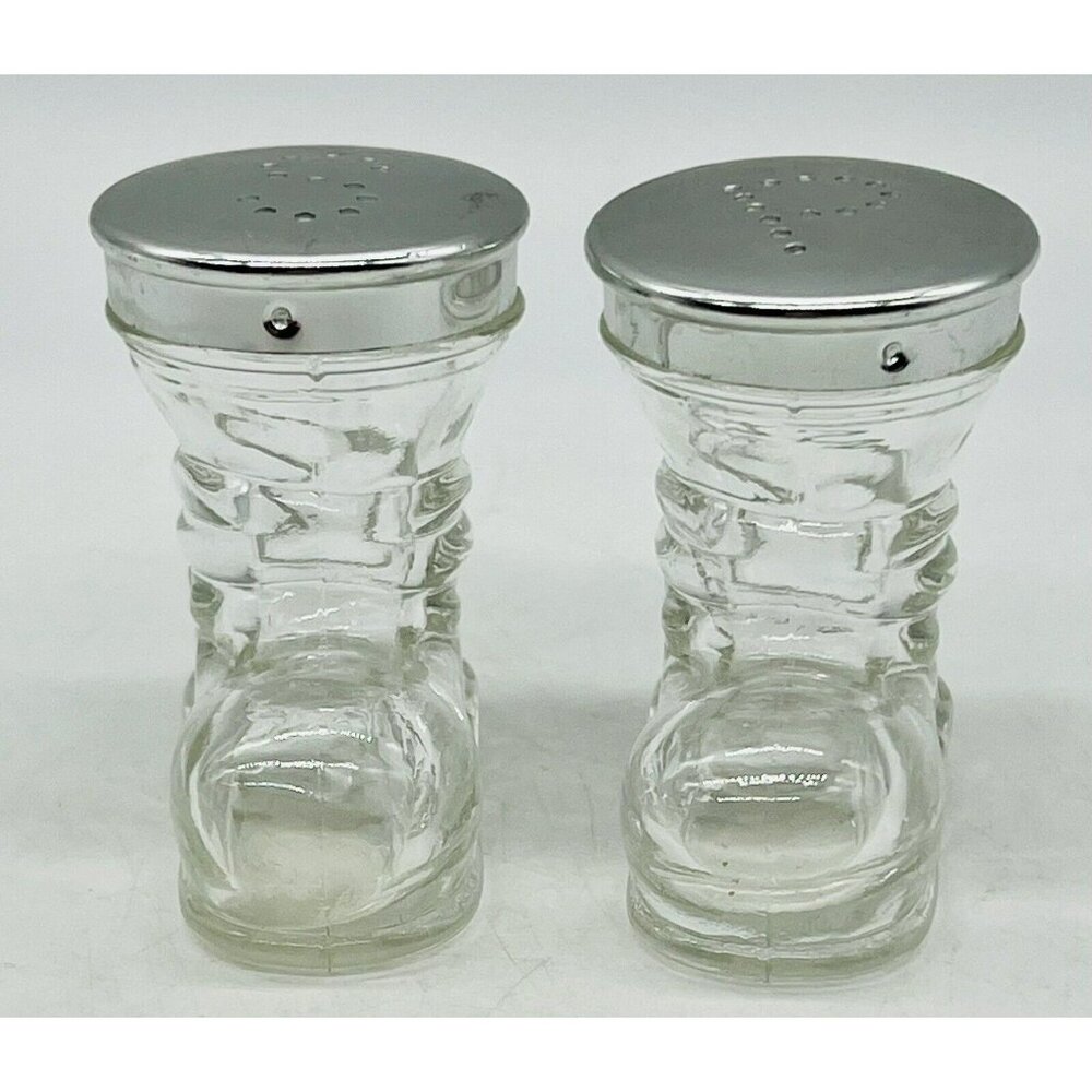 Vintage‎ Clear Glass Boots Shoes Salt Pepper Shaker Set Santa Silver Tops 2 inch